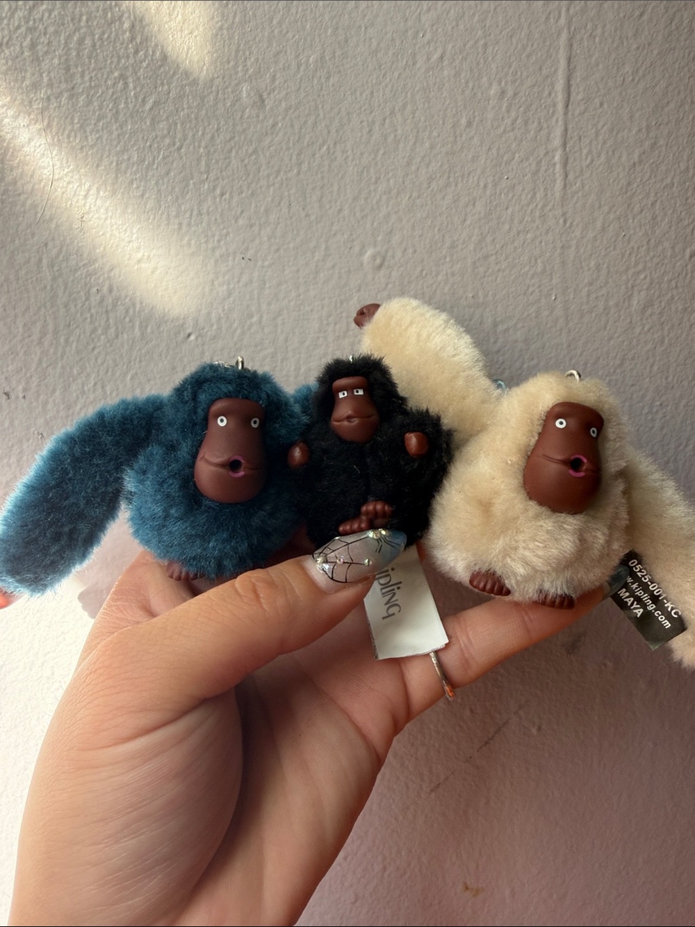 NWT Kipling 3 Fluffy Monkey Keychain Plush - Beige, Black, Teal